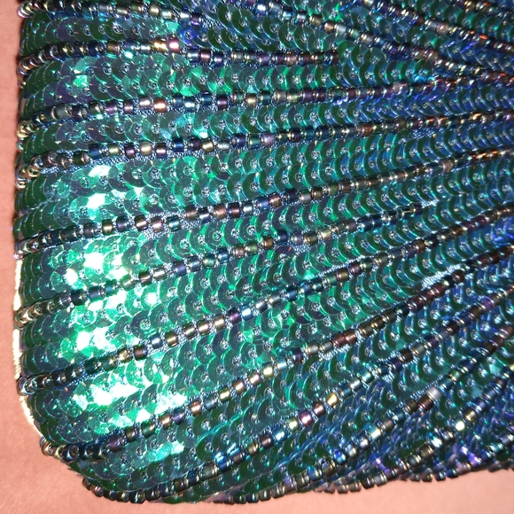 Peacock Blue Feather Retro 20s 30s Style Sequin Box Clutch Purse Crossbody Chain - Picture 10 of 16